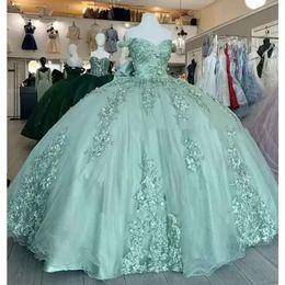 Quinceanera 3D With Green Dresses Floral Dusty Applique Beaded Off The Shoulder Custom Made Sweep Train Tiered Tulle Sweet 15 16 Princess Pageant Ball Gown