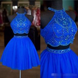 Blue Piece Royal Beading Two Homecoming Dresses Tulle A Line Jewel Neck Sleeveless Crystal Tail Party Ball Gown