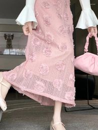 Skirts Spring 3D Roses Embroidered Long Gauze Handmade Pink Flowers Appliqued A-line