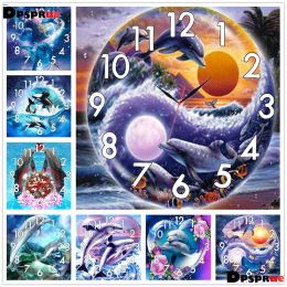 Stitch Dpsprue Full Diamond Painting Cross Stitch With Clock Mechanism Mosaic 5D Diy Square Round Animal Dolphin 3d Embroidery Gift