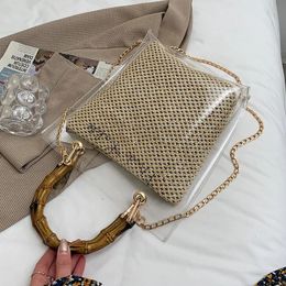 Bamboo Knot Design Handle Transparent Rattan Straw Crossbody Bags for Women Summer Fashion Chain Shoulder Handbags 240420