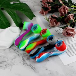 Silicone New 7-shaped Pipe with Glass Pot Portable Food Grade Silica Gel Tobacco Pipes Glass Bong Smoking Set Gift for Men