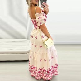 Elegant Off Shoulder Strapless Pleated Long Dres Fashion Flower Print Bohemian Party Dress Casual Short Sleeve Maxi 240418