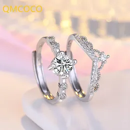 Cluster Rings QMCOCO Two-in-One Crown Ring Silver Colour Finger Adjustable For Women Sweet Romantic Wedding Party Jewellery Gift