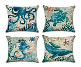 Customizable Singlesided Printing Marine Sea Turtle Seahorse Whale Octopus Home Cushion Covers 45x45cm Linen Sofa Pillow Case DH03356831