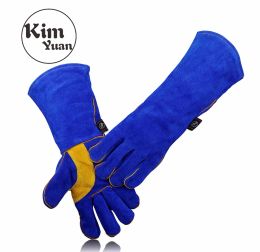 Gloves KIM YUAN 005/6/9/11L Leather Welding GlovesHeat/Fire Resistant, for Welder/Oven/Fireplace/Animal Handling/BBQ Blue 14&16in