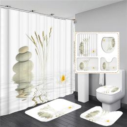 Curtains Flowers Zen Stone Shower Curtain Sets with NonSlip Rugs Toilet Lid Cover and Bath Mat Waterproof Bathroom Curtains Home Decor