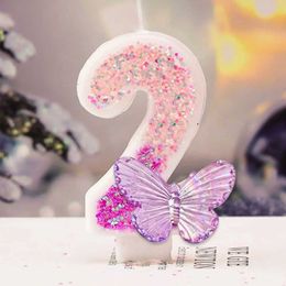 3PCS Candles 1st Birthday Candle Cake Topper Colours Creative Number 1 Candle Cute Pink Butterfly Digital Candle Birthday Wedding Party Decor