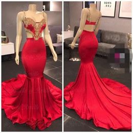 Prom Mermaid Dresses Red 2020 Gold Lace Applique Beaded Crystal Spaghetti Straps Sweep Train Backless Custom Made Evening Party Gowns