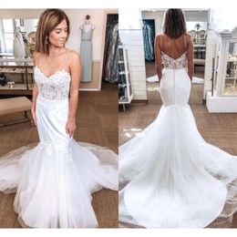 Sjöjungfrun klänningar topp 2021 illusion spets applikation med spaghettiband täckta knappar skräddarsydda bröllop brudklänning vestidos