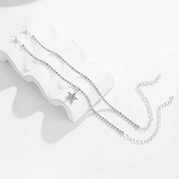 Anklets Elegant Bilayer Chain Anklet for Women Fashion Silver Colour Bracelet Five Pointed Star Ankle Barefoot Sandals Foot Jewellery