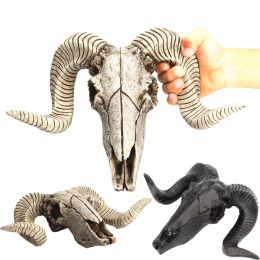 Sculptures Creative 3D Sheep Skull Ornament Skull Miniatures Retro Ram Curled Horns Wall Hanging Crafts Home Office Decor Gift Animal Skull