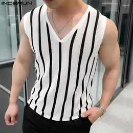 Men's Tank Tops Fashion Casual Style INCERUN Mens V-neck Striped Perspective Vests Streetwear Male Sexy Sleeveless S-5XL 2024