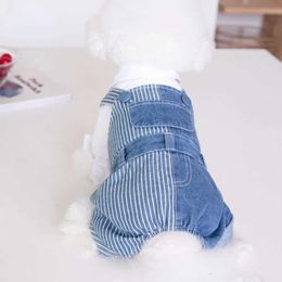 Dog Apparel Pet Autumn Winter Striped Patchwork Denim Straps Pants Cat Clothing Teddy Pets Puppy Clothes Boy H240506