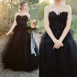 Bridal Wedding Black Gothic Dresses Gown Lace Applique Sweetheart Neckline Tulle Custom Made Plus Size Floor Length Vestido De Novia