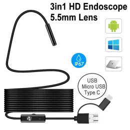 Webcams 5.5mm 3in1 Hd Endoscope Cam Ip67 Waterproof 6 Led Light for Cars Industrial Smartphone Mini Camera Usb Type C Microusb