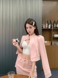 Work Dresses Sweet Girl Suit Women's Spring Pink Sueded Short Jacket Slim Fit Hip Wrap Mini Skirt Two-piece Set Fashion Female Clothes