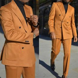 Men's Suits Orange Double Breasted Mens Evening Party Wear Two Pieces Formal Occasion Peaked Lapel Coat Pant Jacket Costume Homme