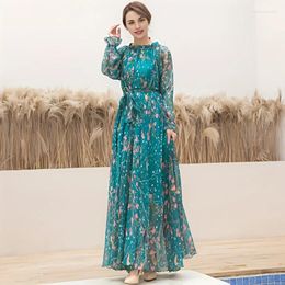 Ethnic Clothing 2024 Boho Floral Print Party Dress Women Vestidos Elegant Fashion Loose Chiffon Long Sleeve Muslim Abaya Islamic Robes