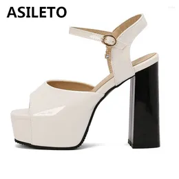 Sandals ASILETO Elegant Open Toe Women 12cm Thick Block Heel 4cm Platform Ankle Buckles Big Size 48 49 50 Black White Gold