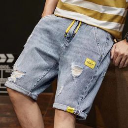 Mens Loose Five-piece Denim Shorts Trousers Casual Elastic Waist Hole Stretch Korean Fashion Short Pants 240429