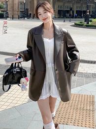 Women's Jackets LANMREM Brown PU Leather Jacket For Women Notched Single Button Solid Colour Loose Coats Versatile 2024 Clothing 2Z1066