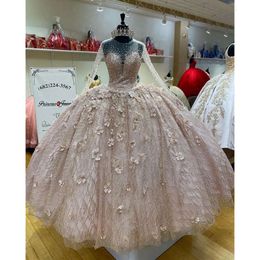 3D quinceanera rosa pärlklänningar blommiga långa illusionärmar paljetter kristaller juvel hals skräddarsydd söt 16 prom bollklänningar