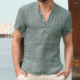 Men's Casual Shirts Summer Cotton And Linen Short-sleeved T-shirt Collar Buckle Half Cardigan Simple For Men