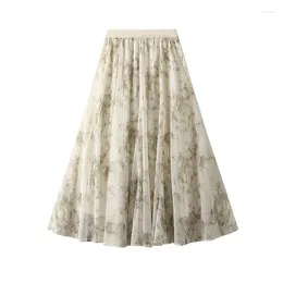 Skirts High End Ink Wash Printed Gauze Skirt Half Women's Spring 2024 Pleated Mesh Large Hem Long Summer