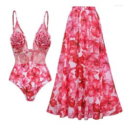 Women's Swimwear 2024 Sexy Women Deep V 3D Flower Mesh Splicing Printed Swimsuit Set One Piece Vacation Beachwear Luxury Bathing Suit