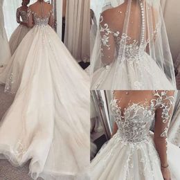 Long Dresses Lace Sleeves Gorgeous Applique Chapel Train Tulle Covered Buttons Back Sheer Jewel Neck Wedding Gown Vestido De Novia