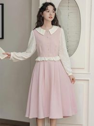 Work Dresses Autumn Clothes Pink Sweet Two Piece Set Women's Doll Neck Cute Lace Shirt Top Skirt Suit Ladies French Elegant Style Sets