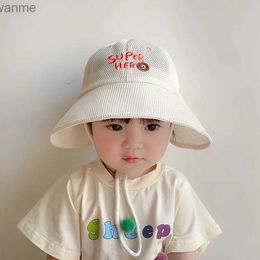 Caps Hats Summer mesh baby bucket hat cartoon bear letter sun hat solid Colour wide brown childrens travel beach hat WX