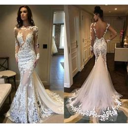 Neck 2020 Dresses Sheer Newest Long Illusion Sleeves Lace Applique Sexy Backless Sweep Train Custom Made Wedding Gowns