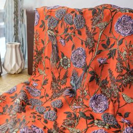 Dresses Bright Orange Flower and Bird Yarn Dyed Jacquard Fabric Oil Painting Style Women's Floral Dress Diy Sewing Fabric 50cmx140cm