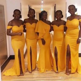 Bridesmaid 2021 Dresses Mermaid Yellow Side Slit Off The One Shoulder Custom Made Plus Size Maid Of Honour Gown African Wedding Party