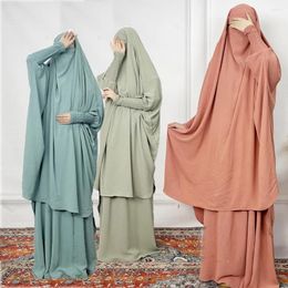 Ethnic Clothing Muslim Women's Fashion Suit Plain Robe Ice Silk Wrinkled Lantern Sleeves Loose And Comfortable Two-piece Skirt