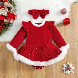 Dresses Christmas Baby Red Romper Dress Newborn Infant Girl Velvet Ruffle Mesh Star Glitter Dresses Headband Toddler Xmas 2Pcs Costumes