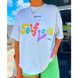 Women Graphic Printing Self Love White Loose T shirts Short Sleeve Cotton Vintage Top 2024 Summer Ins Fashion Y2K Street Shirts 240426