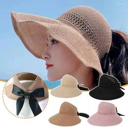 Wide Brim Hats Summer Sun Hat Fashionable Travel Bow Women's Holiday Large Straw Protection Beach Folding D1N4