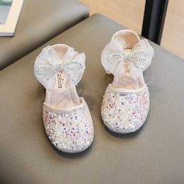 Sandals 2023 Girl Princess Star Glitter Shoes School Party Wedding Kids Sandals Flats Sequin Rhinestone Bowknot Student Children Sandals