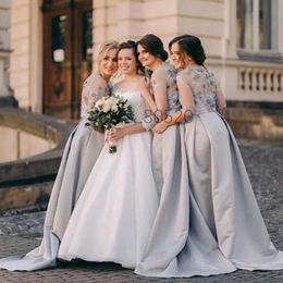 Bridesmaid Sleeves Dresses Half 2021 Sier 1/2 Illusion Satin Jewel Neck Embroidery Lace Applique Custom Made Maid Of Honor Gown