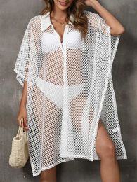 Women Beach Wear New 2024 Summer Dress Sexy Mesh Kimono Beachwear Button Shirt for Women Bathing Suit Coverup Sun Dress White Cardigan Tu Y240504