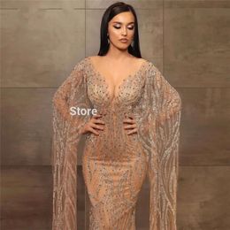 Evening Long Dresses Muslim Champagne Crystal Glitter Sleeves Saudi Arabia Beading Dubai Mermaid Formal Prom Dress Custom Made Party Gowns