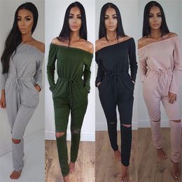 New Off Shoulder Sexy Jumpsuits Casual Slash Neck Long Sleeve Elegant 2018 Women Rompers Bodysuit Solid Overalls Pocket Jumpsuit Y19060 310R