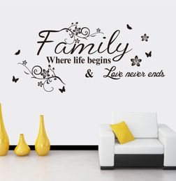 Black Flower Family Where Life Begins Love Never Ends Wall Quote Decal Sticker English Saying Flower Rattan Art Mural Living Room 1873470