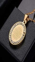 Mens Stainless Steel Gold Tone Oval Rhinestone Surrounded Pendant Necklace Islamic Arabic God Islam Muslim Jewellery Gift6136057