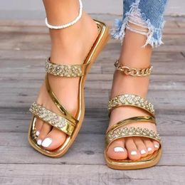 Slippers Shoes For Women 2024 High Quality Modern Summer Dress Ladies Crystal Square Heel Open Toe Female