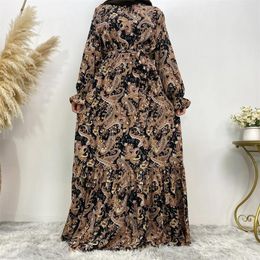 Ethnic Clothing Lace-up Turkish Dubai Abayas Muslim Dress Saudi Women Loose Maxi Dresses Printed Floral Casual Robe Kaftan Long Vestidoes