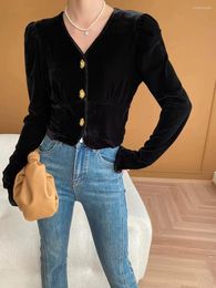 Women's Knits French Ant Waist Cut Black Velvet V-Neck Single Breasted Shirt Early Spring Cardigan